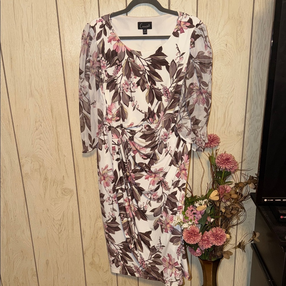 connected apparel White Midi Dress with Pink & Brown Floral Print